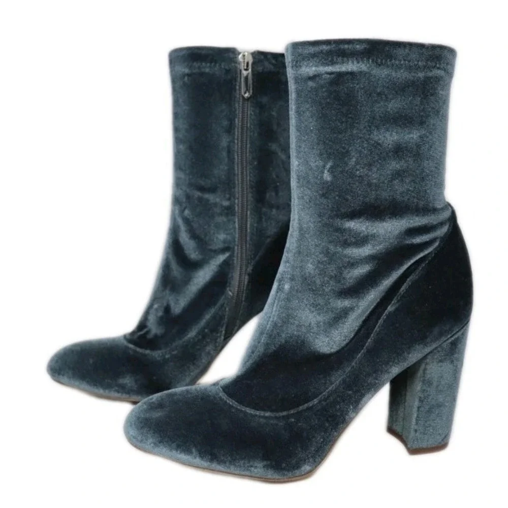 Sam Edelman Calexa Teal Green Velvet Sock Ankle Boots Block Heel Size‎ 10